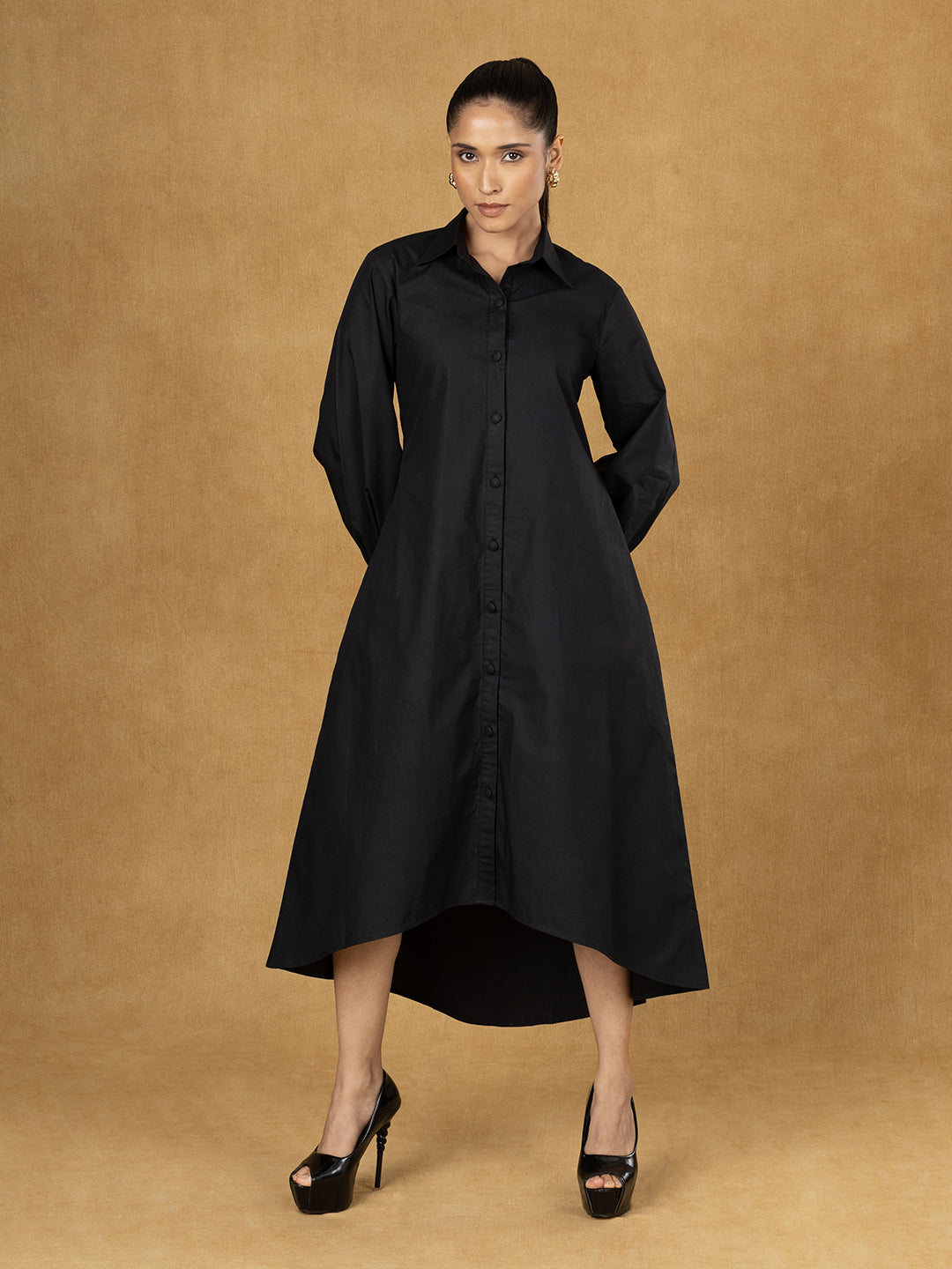 PowerSutra Black Solid High Low Shirt Dress