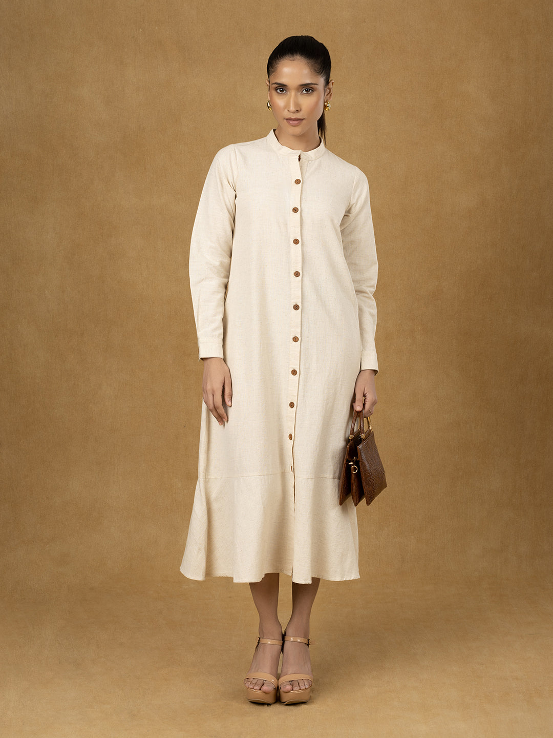 PowerSutra Off White Solid Full Sleeve Shirt Dress