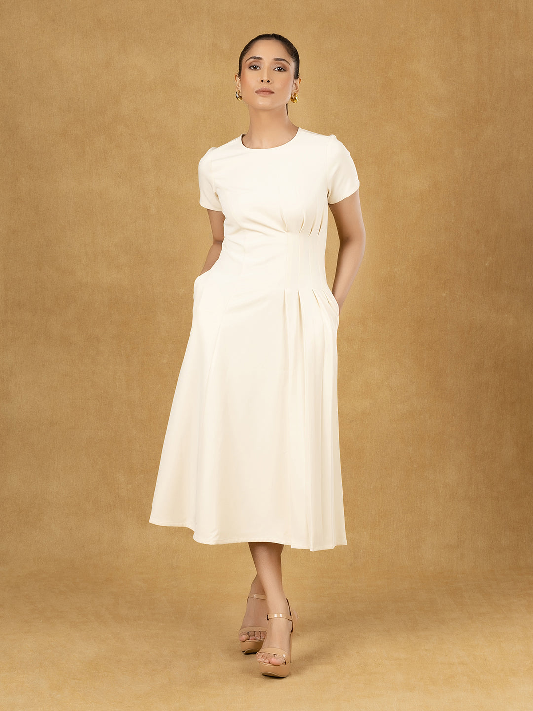 PowerSutra Ivory Solid One Side Pleats Dress
