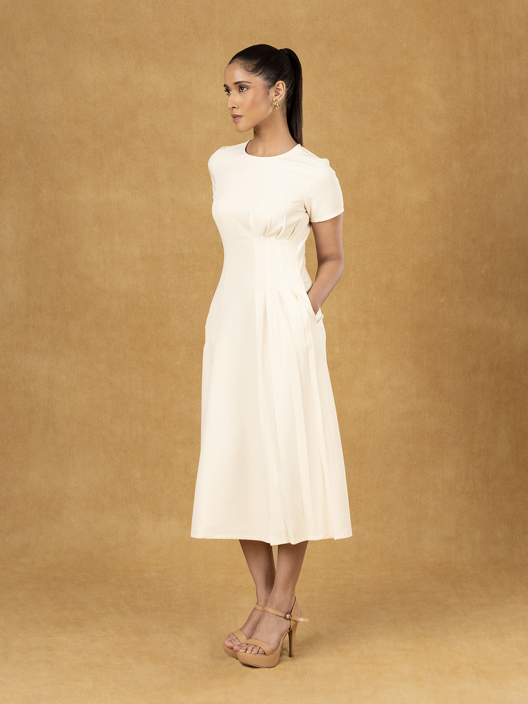 PowerSutra Ivory Solid One Side Pleats Dress
