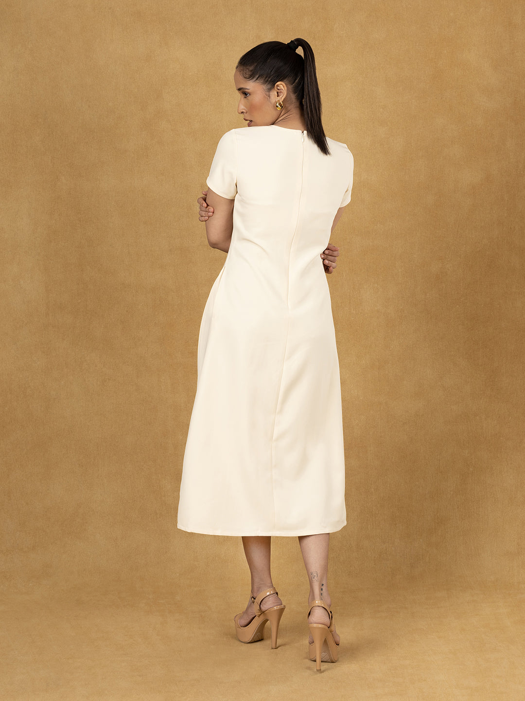 PowerSutra Ivory Solid One Side Pleats Dress