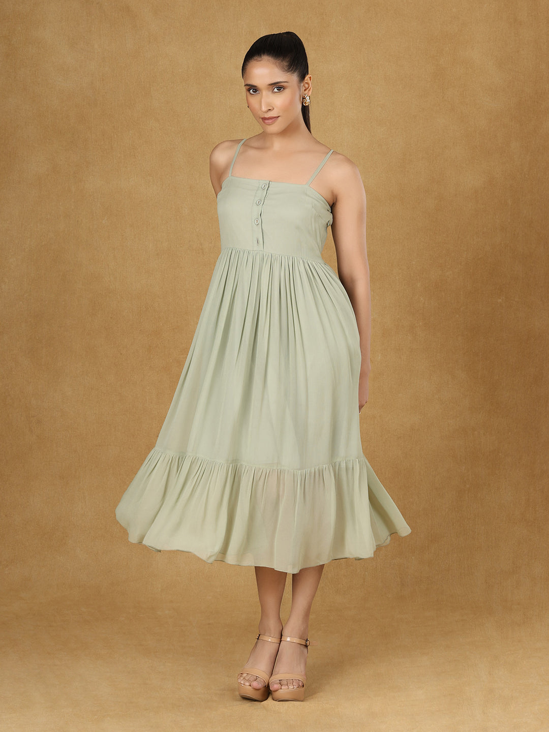 PowerSutra Olive Solid Strappy Dress