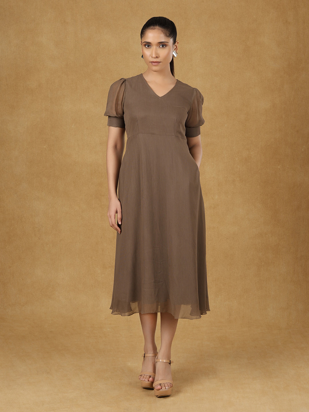 PowerSutra Brown Soild Fit And Flare Dress