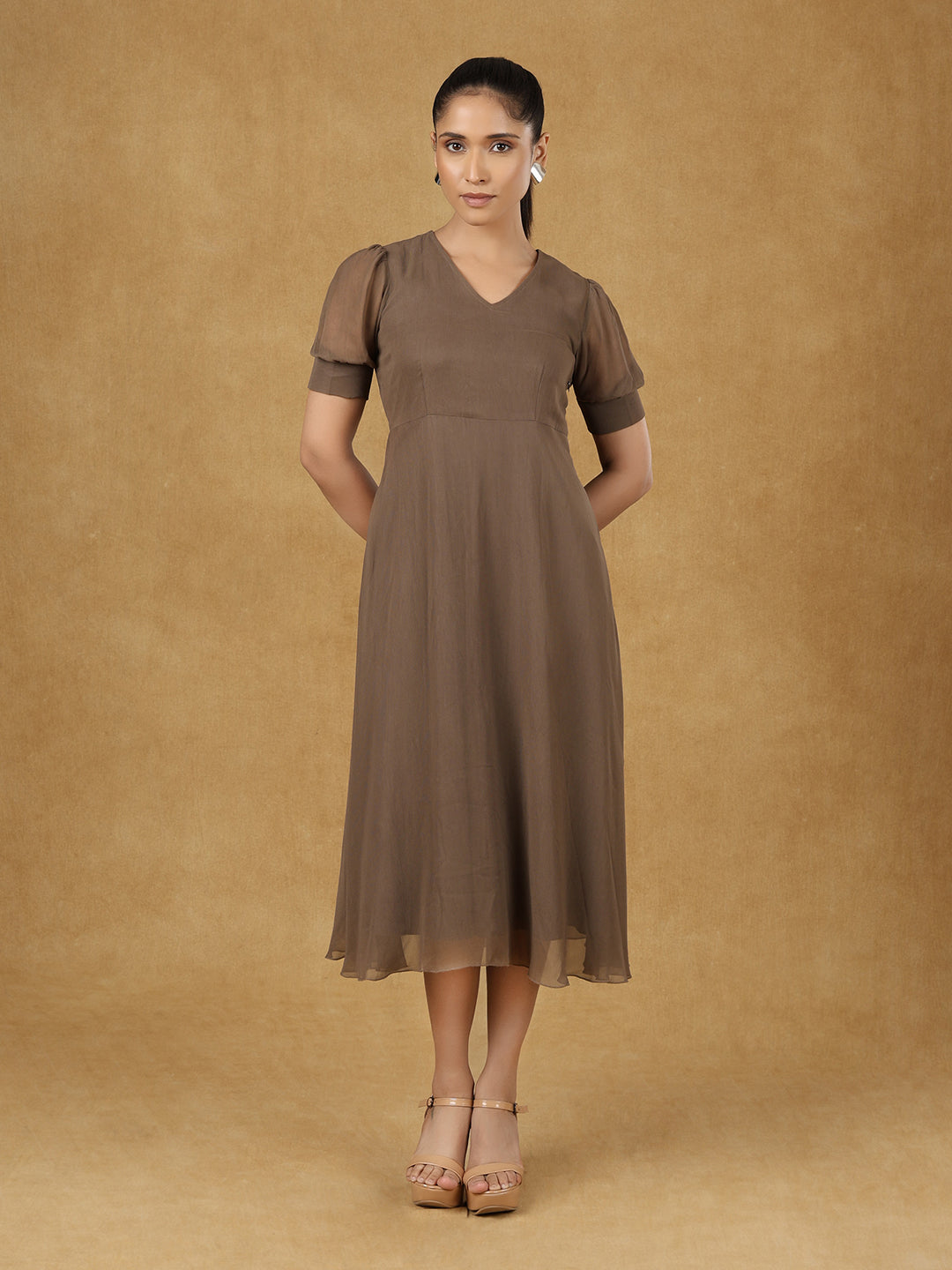 PowerSutra Brown Soild Fit And Flare Dress