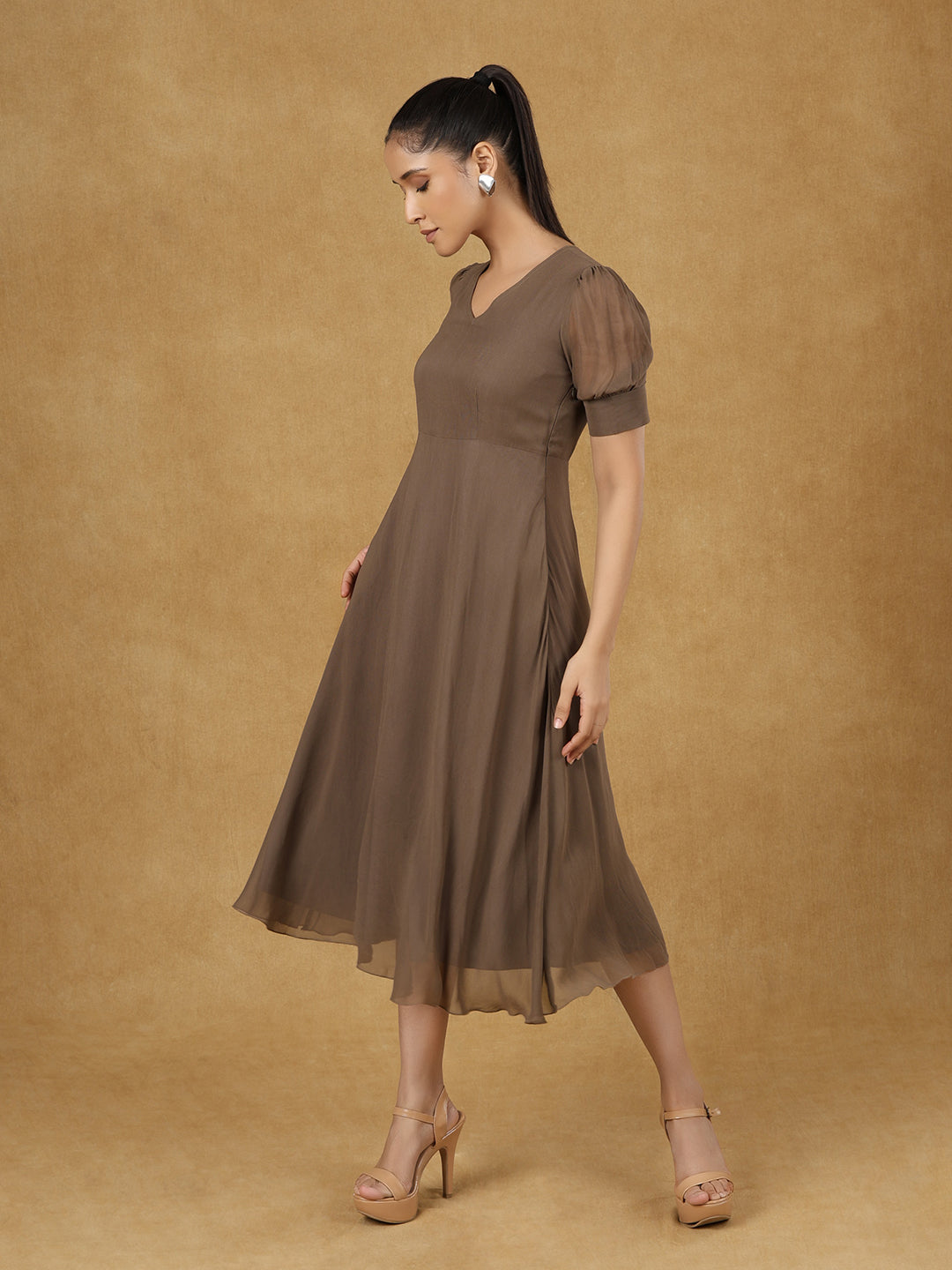 PowerSutra Brown Soild Fit And Flare Dress