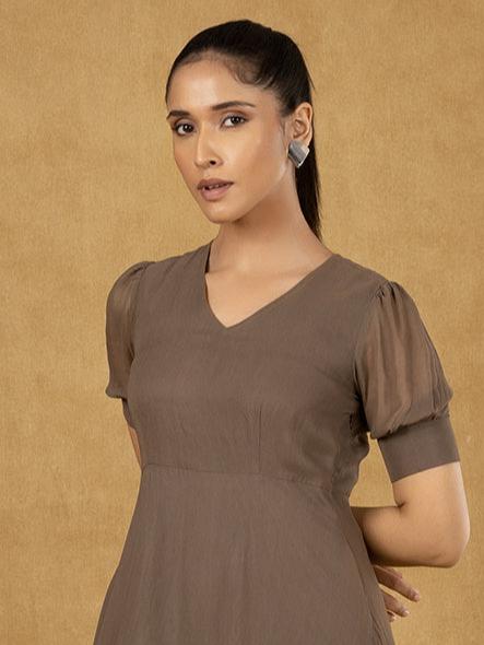 PowerSutra Brown Soild Fit And Flare Dress