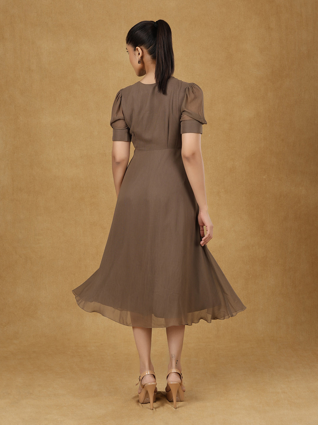 PowerSutra Brown Soild Fit And Flare Dress