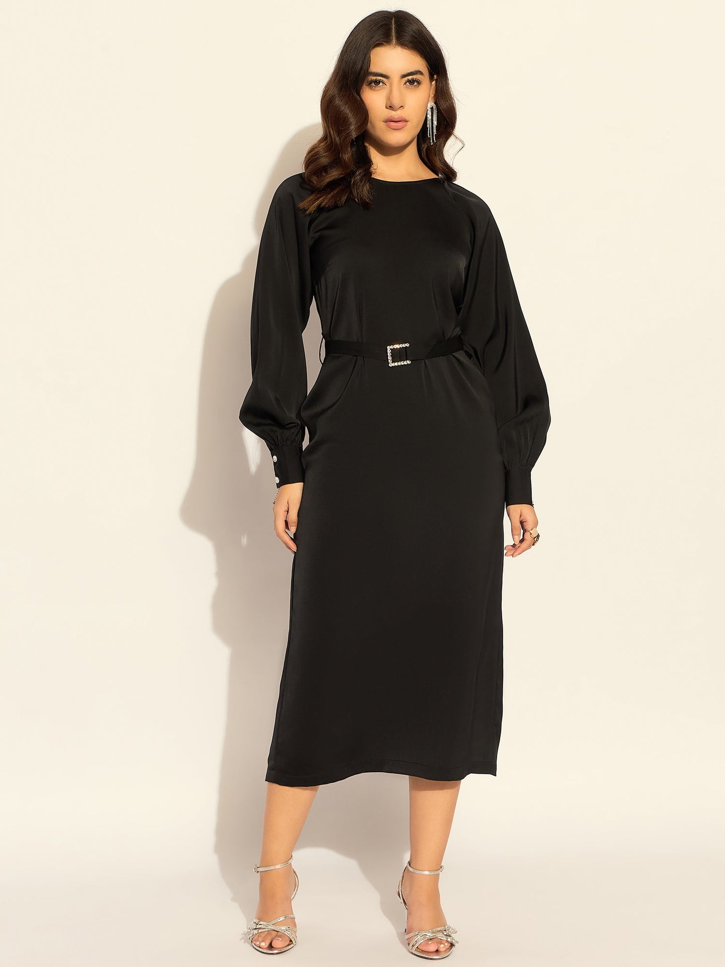 PowerSutra Chic Semi-Fitted Midi Dress With Gentle Puff Sleeves In Soft Satin Fabric