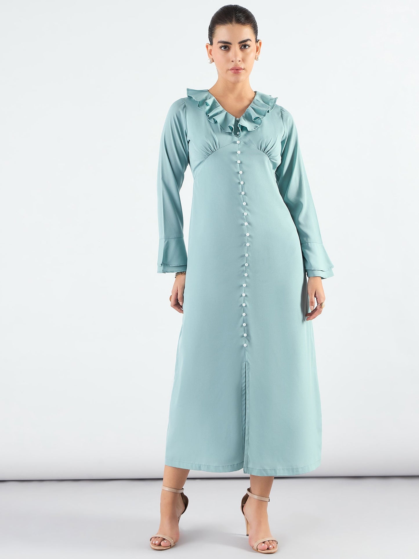PowerSutra Viscose Midi Dress With Ruffled Collar And Pearl Buttons