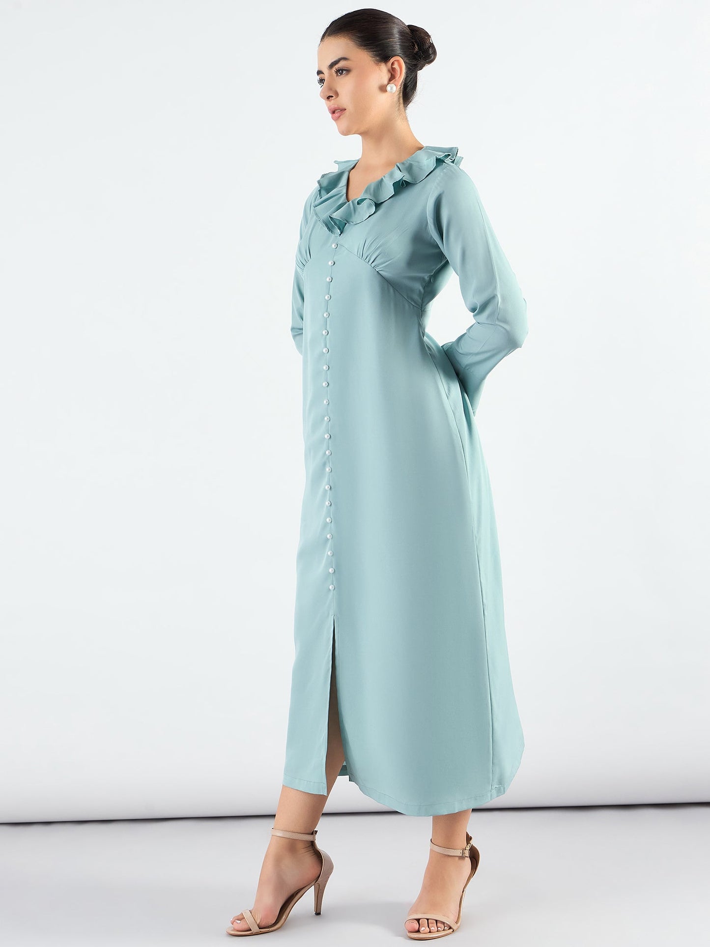 PowerSutra Viscose Midi Dress With Ruffled Collar And Pearl Buttons