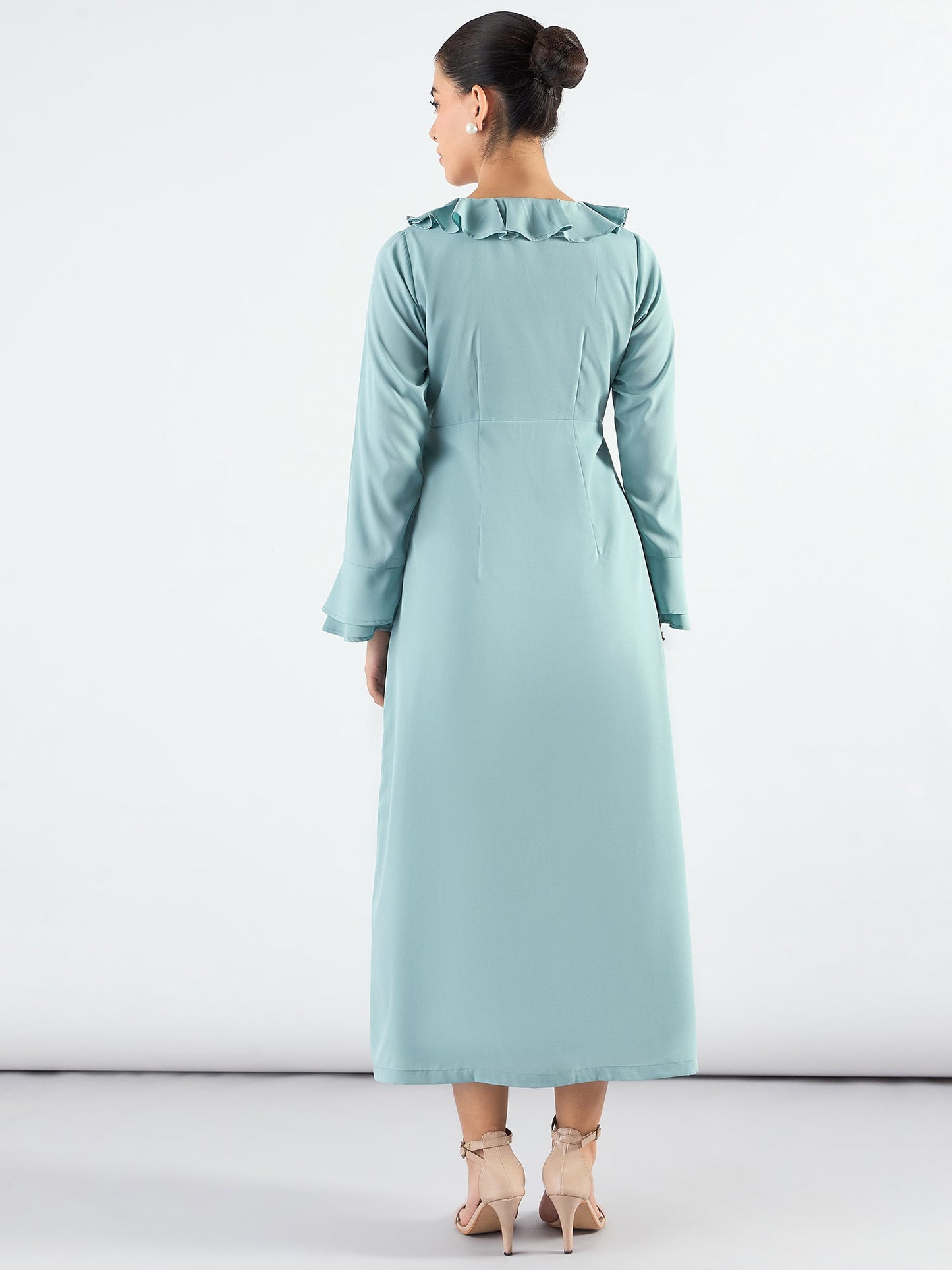 PowerSutra Viscose Midi Dress With Ruffled Collar And Pearl Buttons