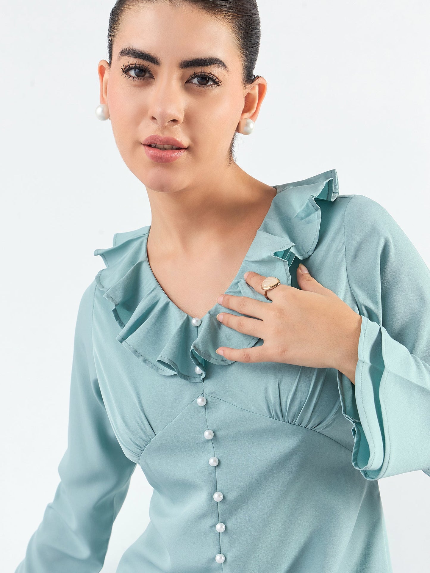 PowerSutra Viscose Midi Dress With Ruffled Collar And Pearl Buttons