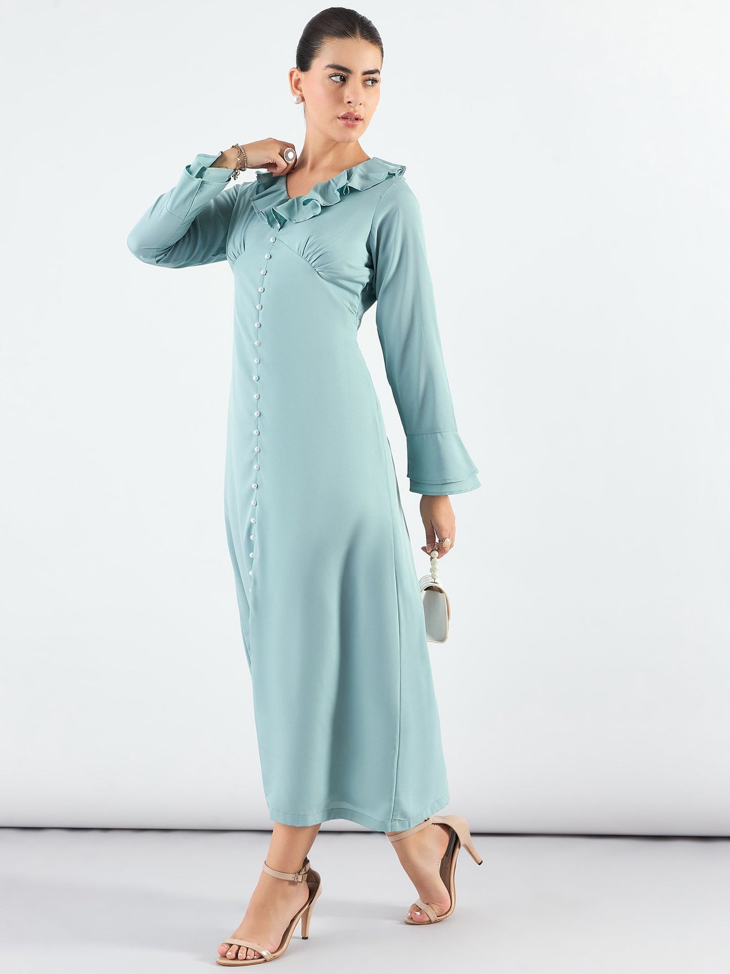 PowerSutra Viscose Midi Dress With Ruffled Collar And Pearl Buttons