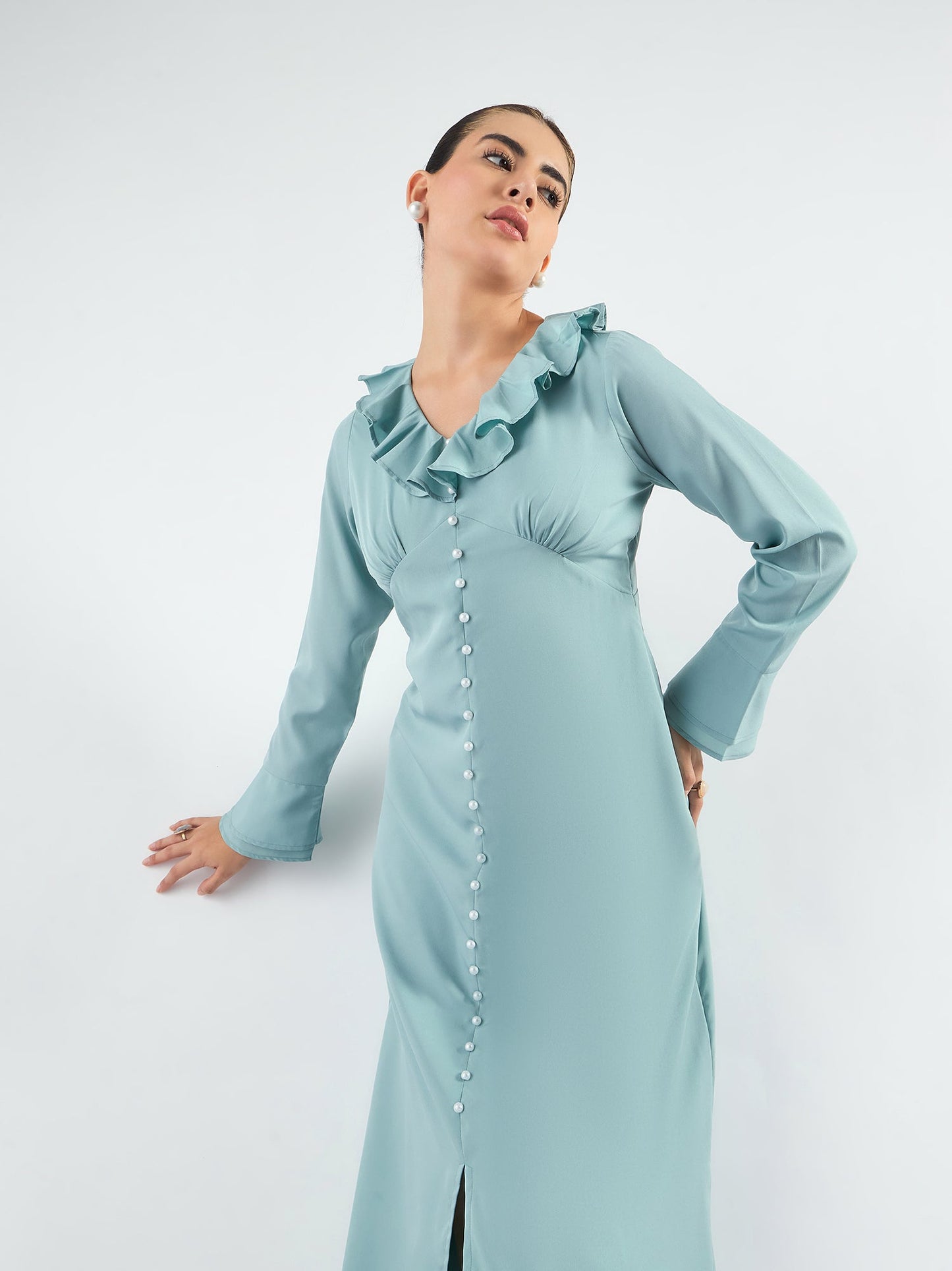 PowerSutra Viscose Midi Dress With Ruffled Collar And Pearl Buttons
