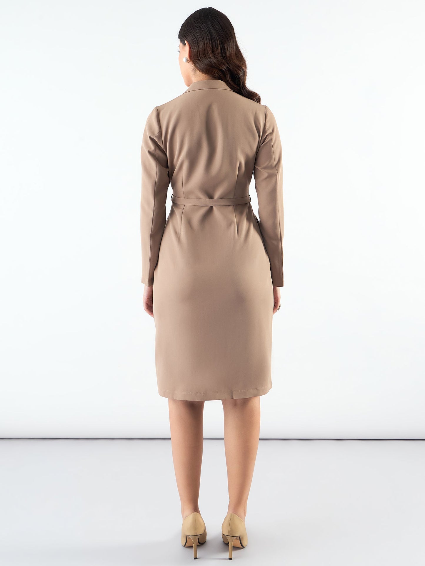 PowerSutra Classic Beige Tailored Above Knee Length Dress With Notched Collar In Stretchable Fabric
