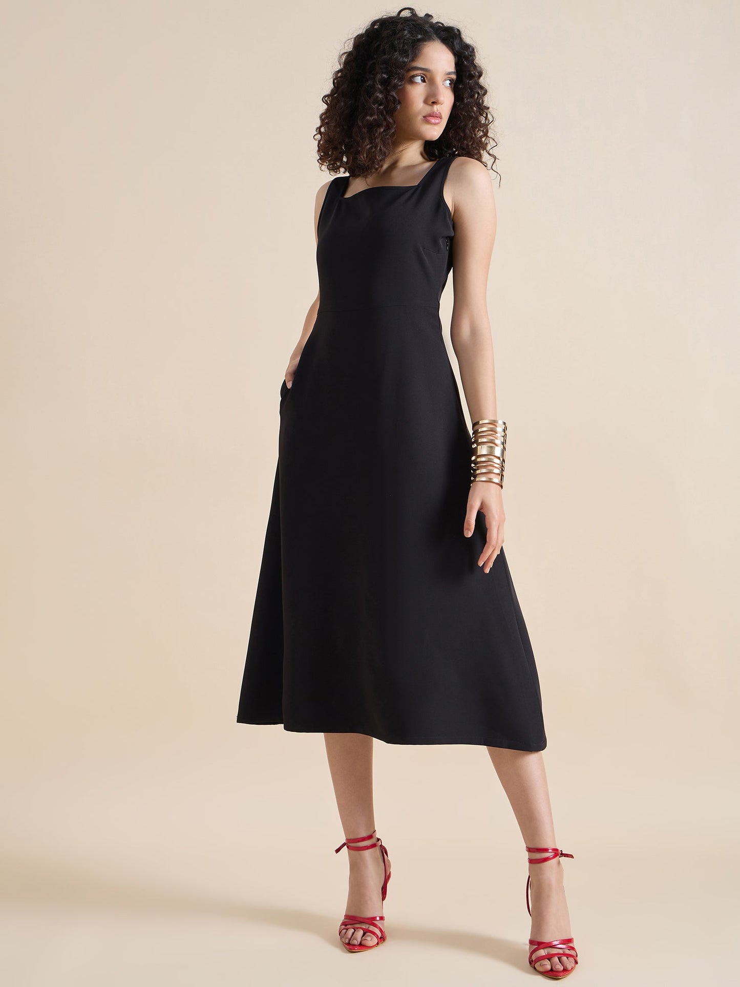 PowerSutra Classic square-neck sleeveless fit & flare midi dress In Stretch Fabric