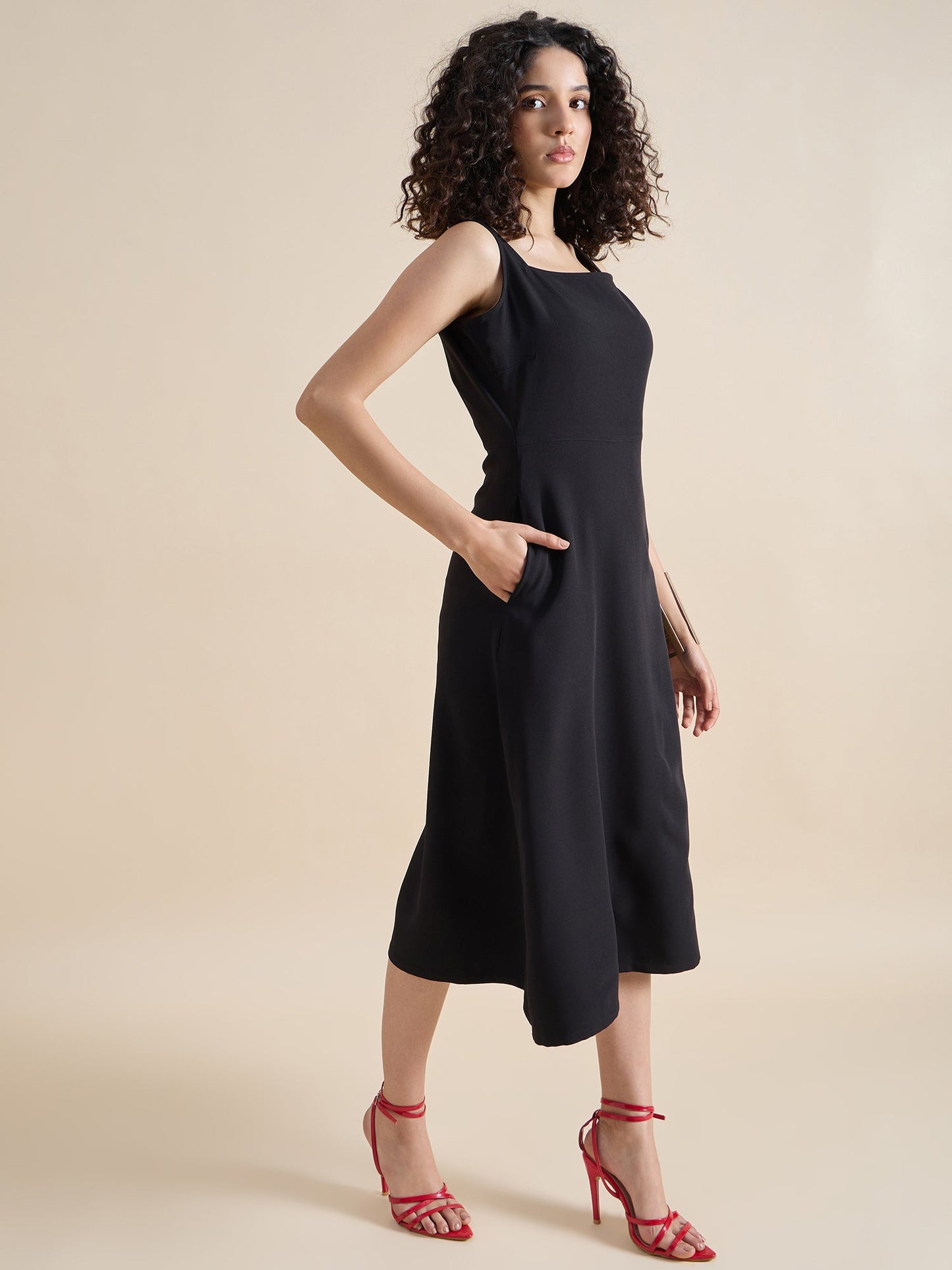 PowerSutra Classic square-neck sleeveless fit & flare midi dress In Stretch Fabric