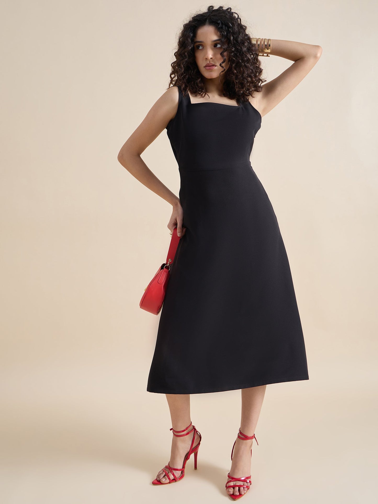 PowerSutra Classic square-neck sleeveless fit & flare midi dress In Stretch Fabric