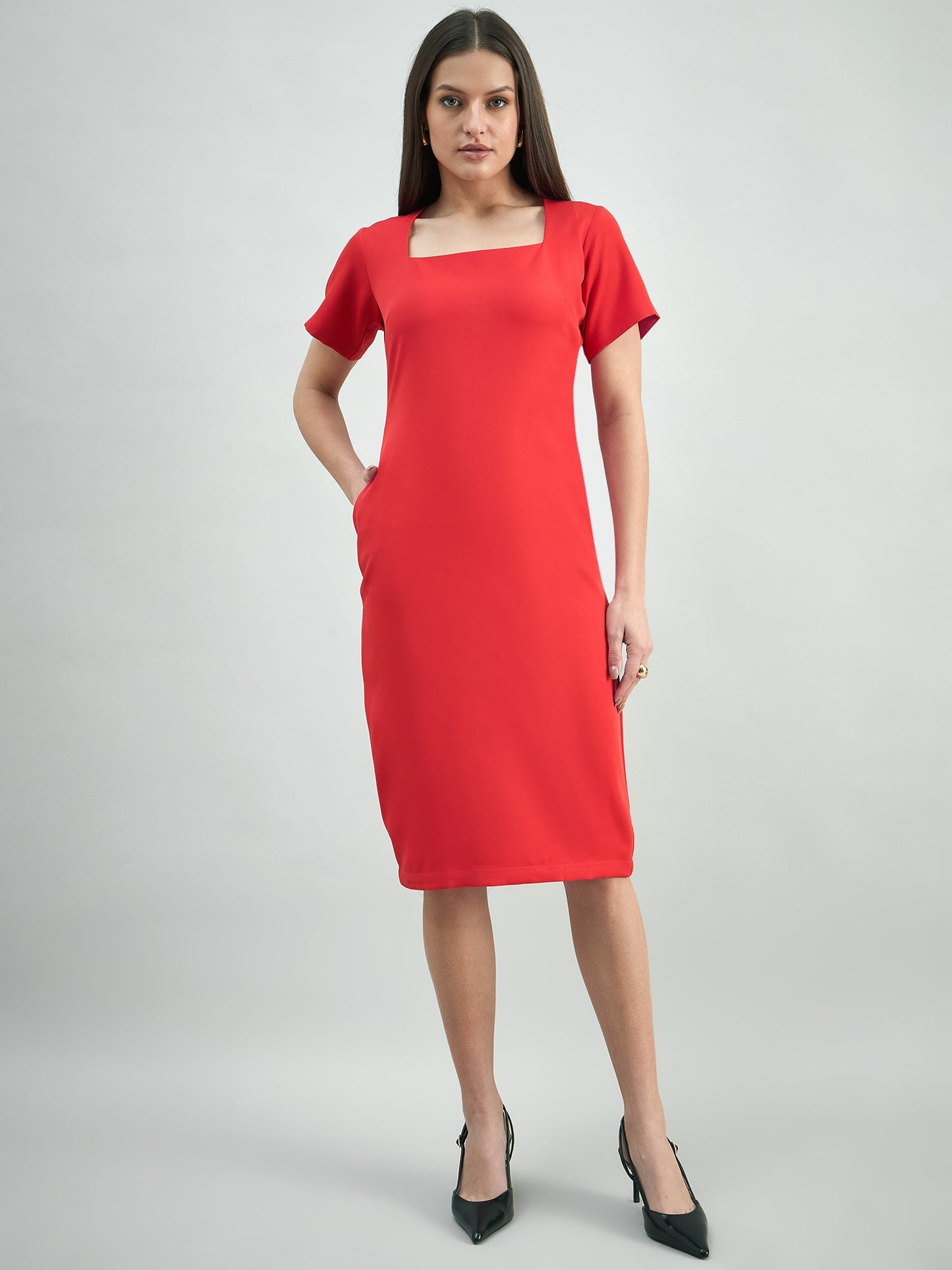 PowerSutra Women's Hot-Red square-neck stretchable midi dress