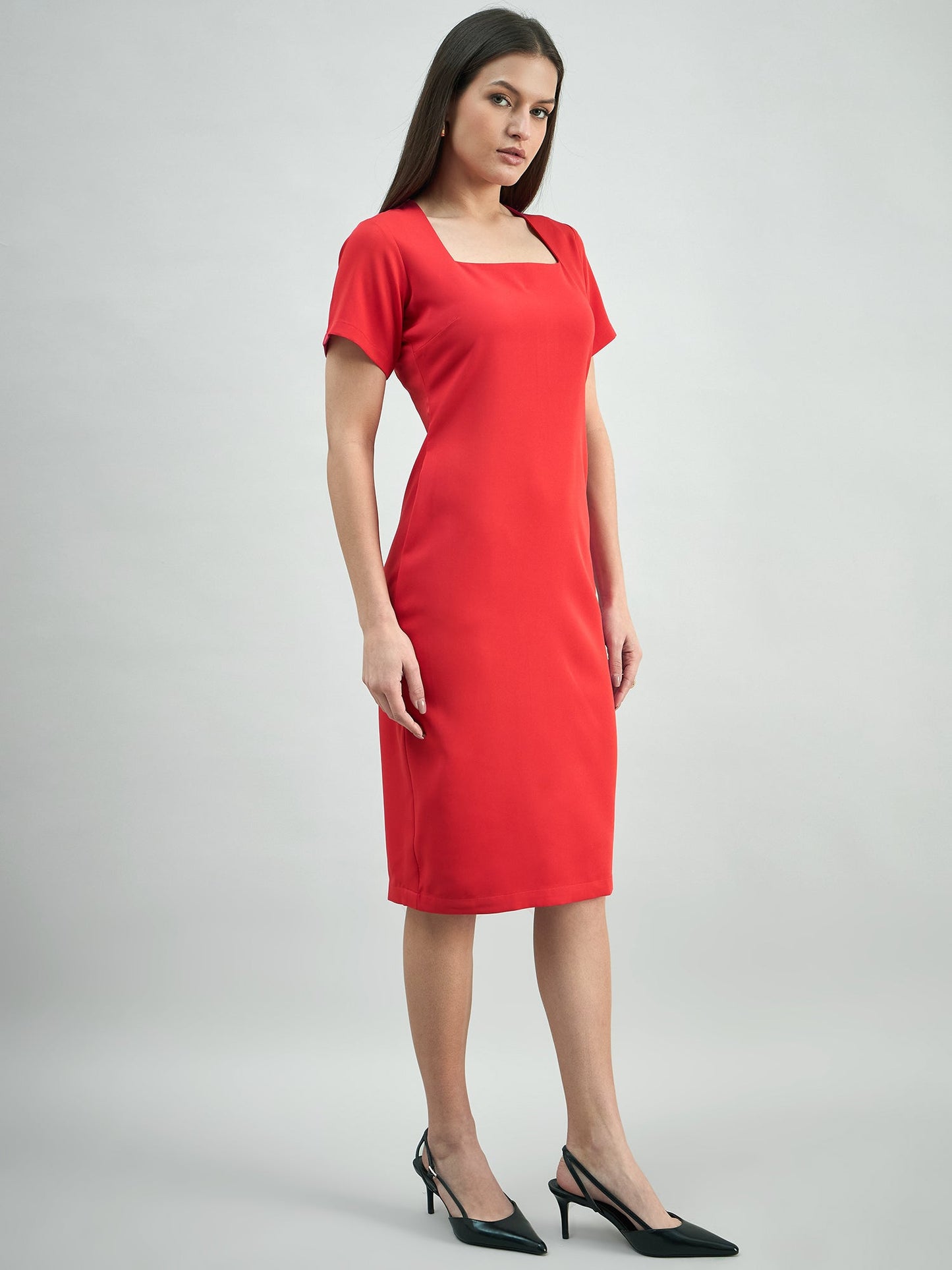 PowerSutra Women's Hot-Red square-neck stretchable midi dress