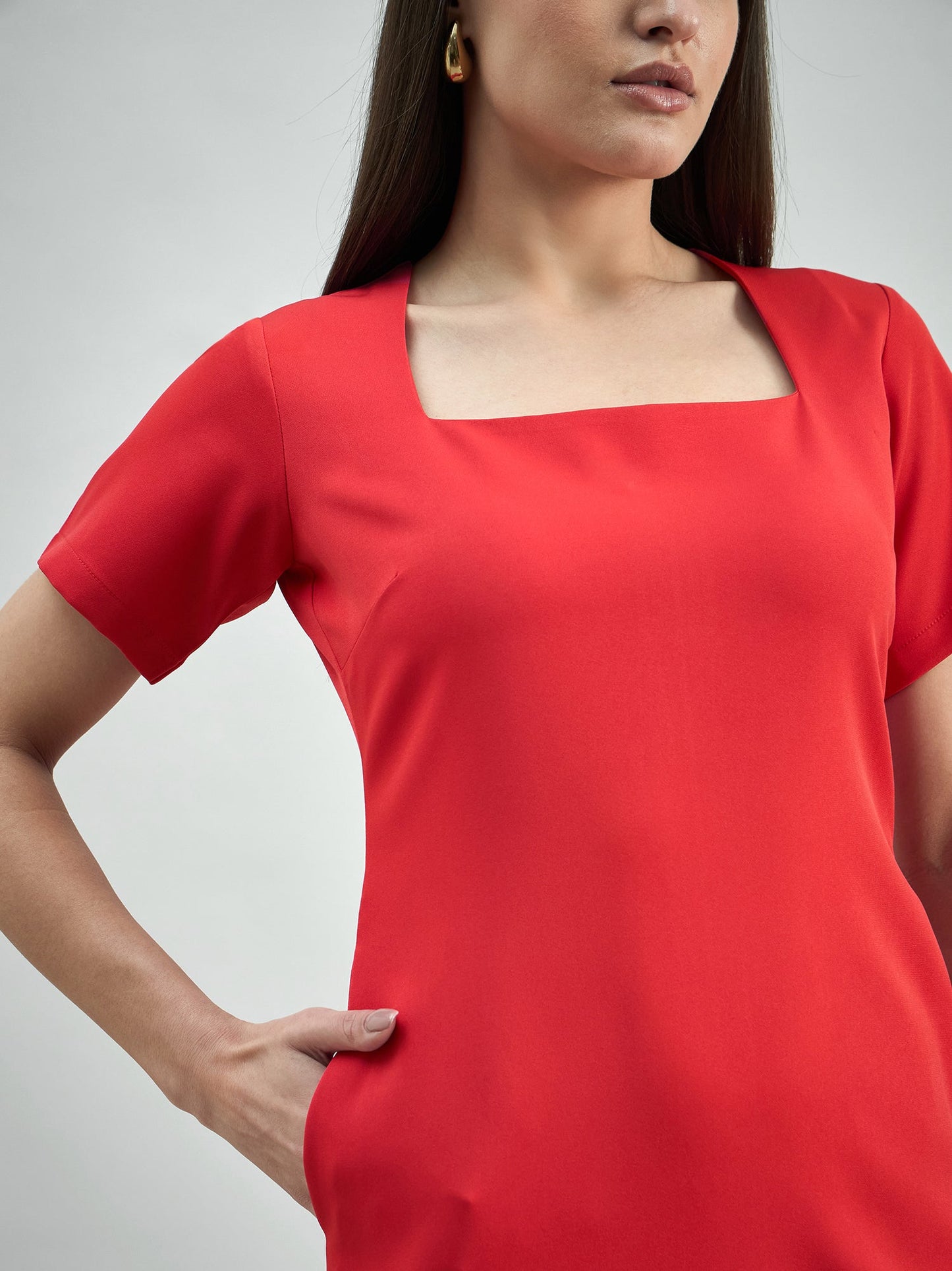 PowerSutra Women's Hot-Red square-neck stretchable midi dress