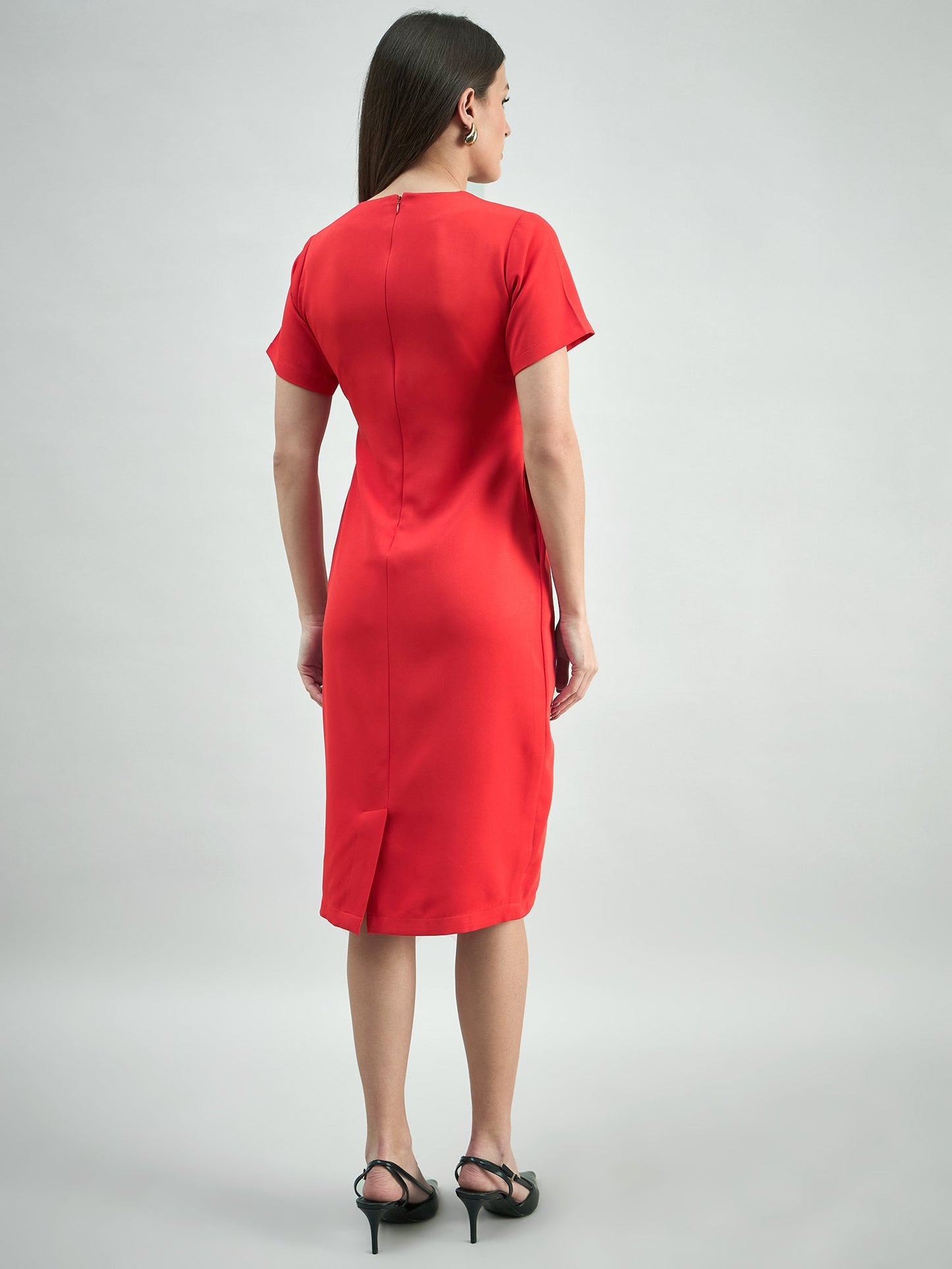 PowerSutra Women's Hot-Red square-neck stretchable midi dress