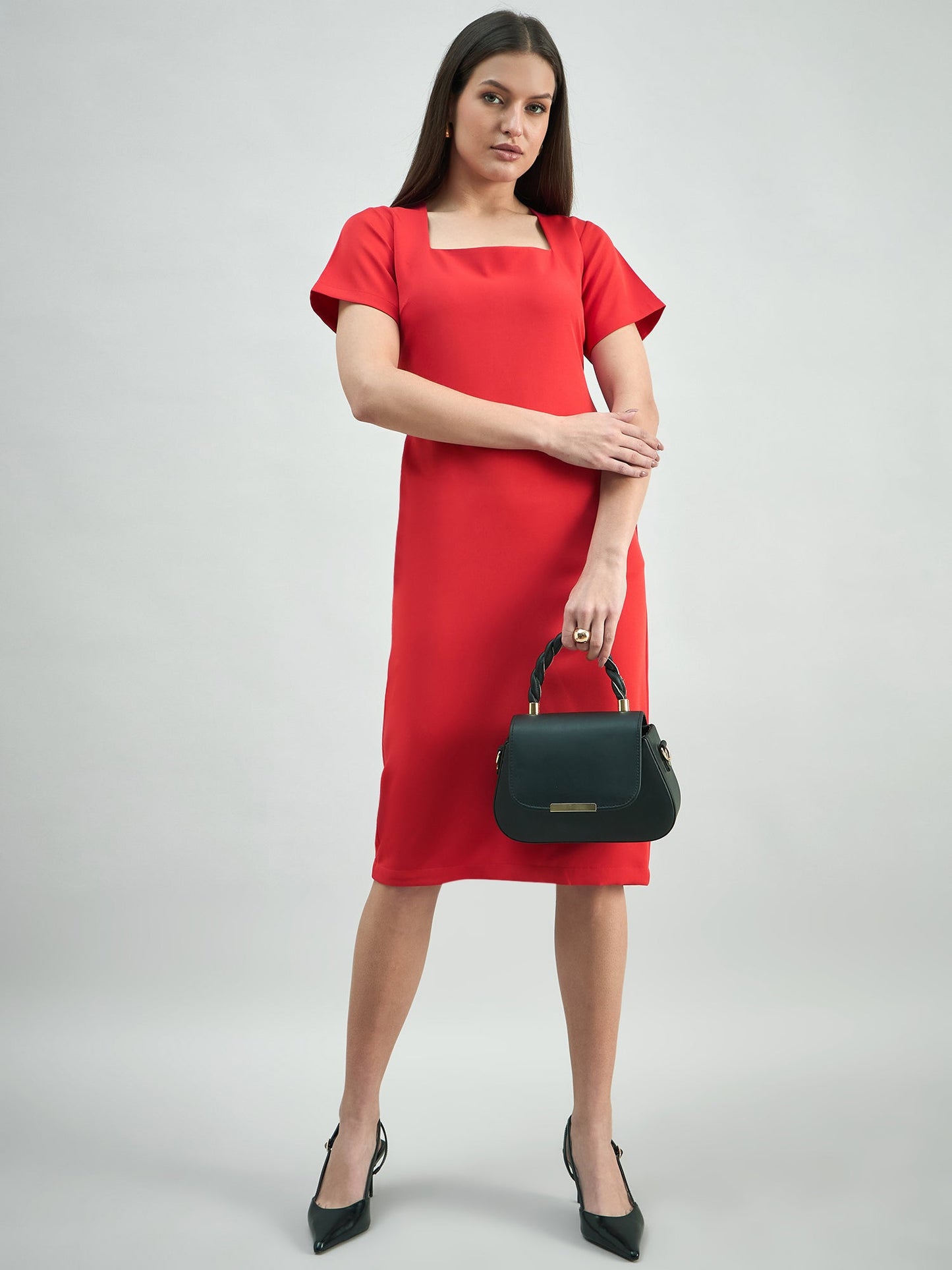 PowerSutra Women's Hot-Red square-neck stretchable midi dress