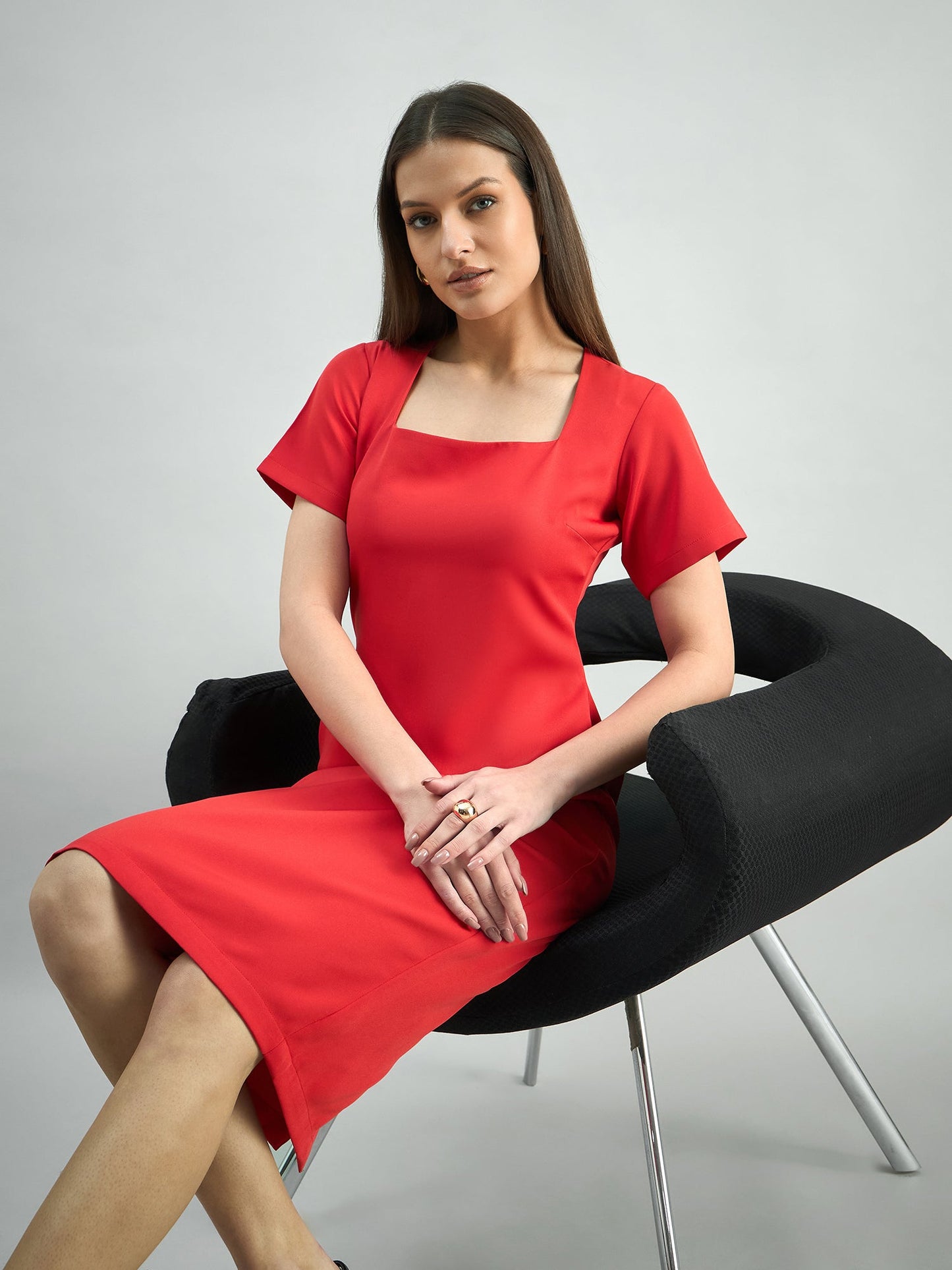 PowerSutra Women's Hot-Red square-neck stretchable midi dress