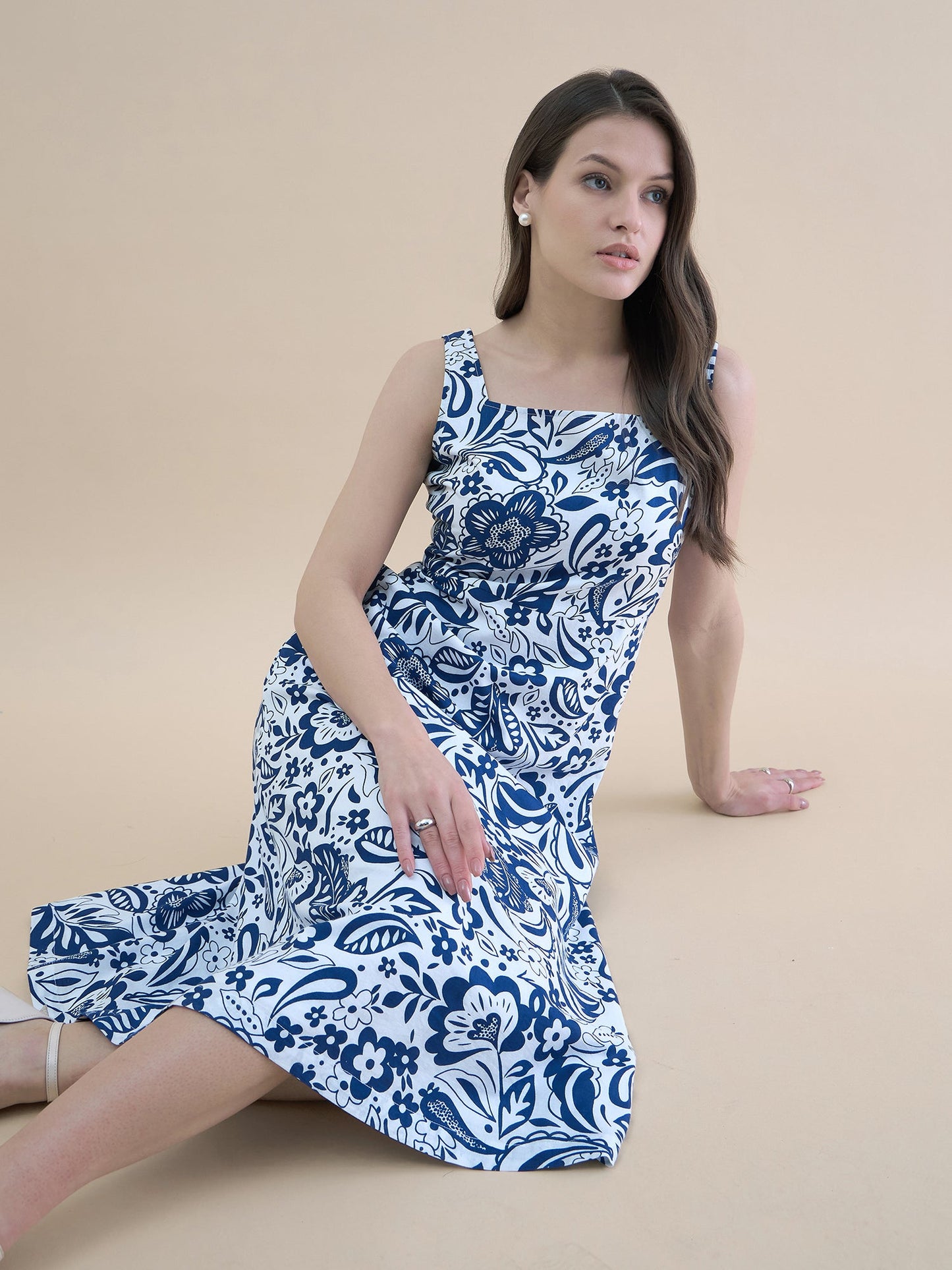 PowerSutra Blue-White floral printed square neck sleeveless fit & flare midi dress
