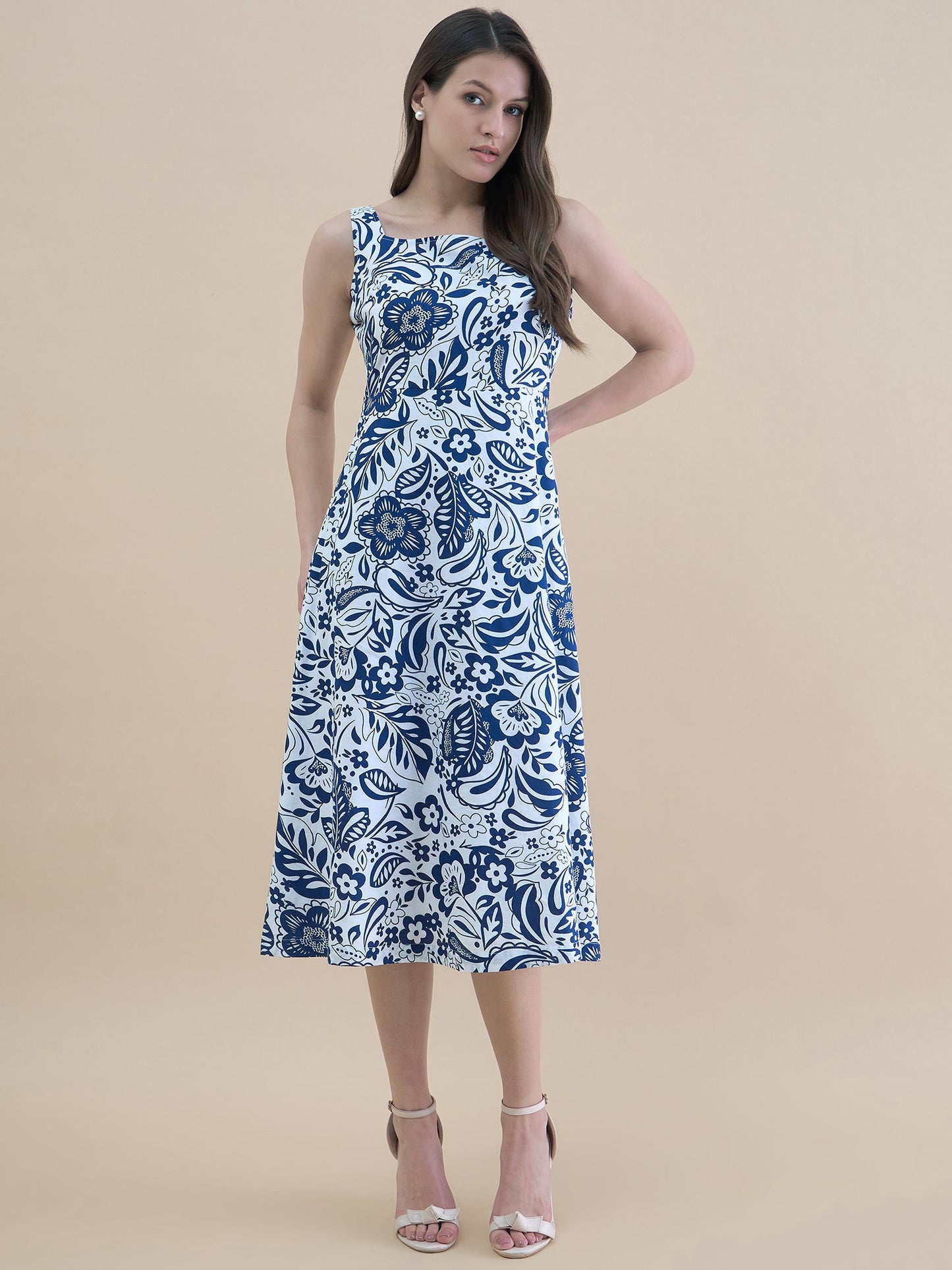 PowerSutra Blue-White floral printed square neck sleeveless fit & flare midi dress