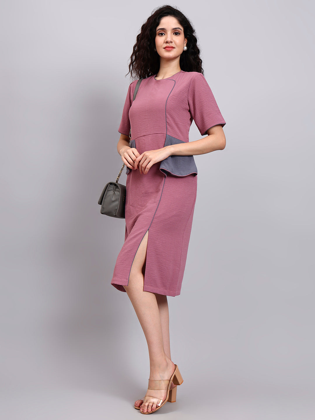 Powersutra Structured Mauve Peplum Dress With Grey Contrast And Short Sleeves
