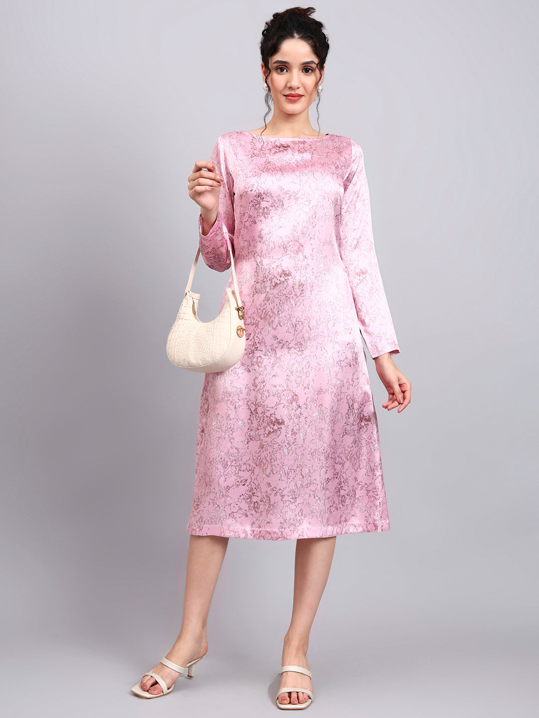 Powersutra Elegant Pink Satin A-Line Dress With Marble Print And Comfort Fit