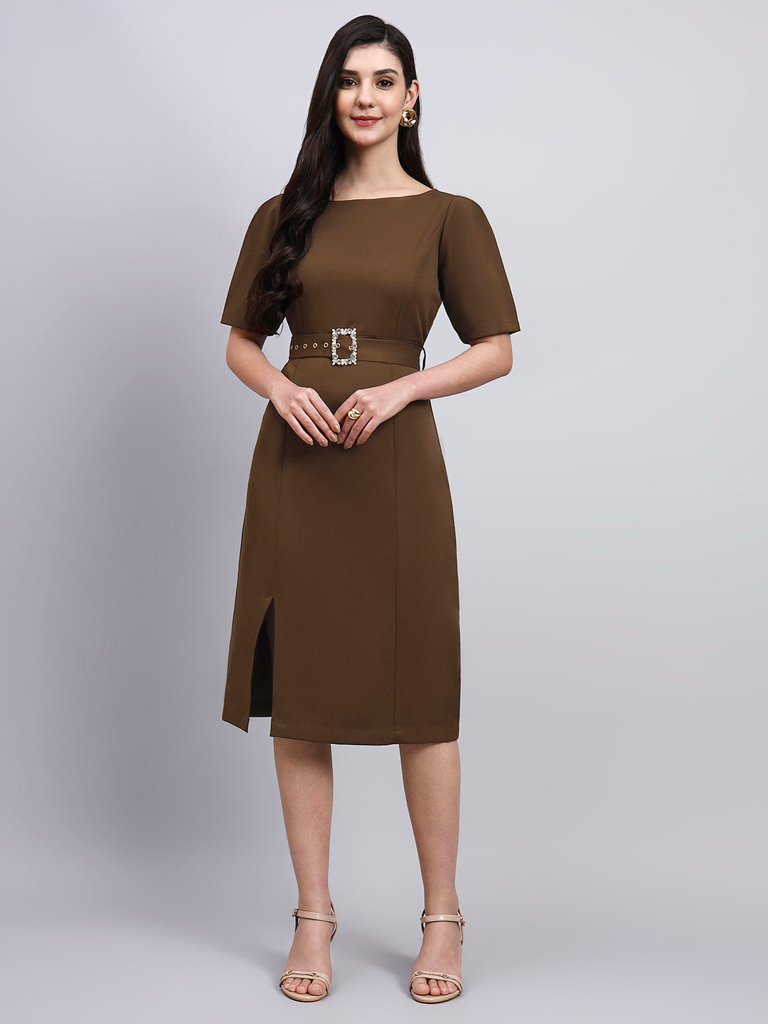 Powersutra Elegant Brown Dress With Crystal-Embellished Belt