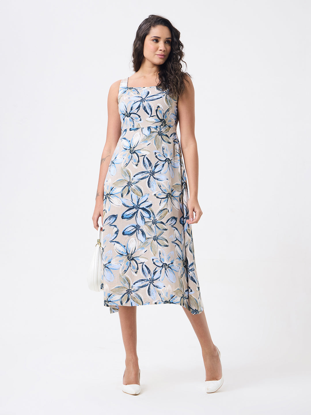 Women Beige Midi Flared Dresses