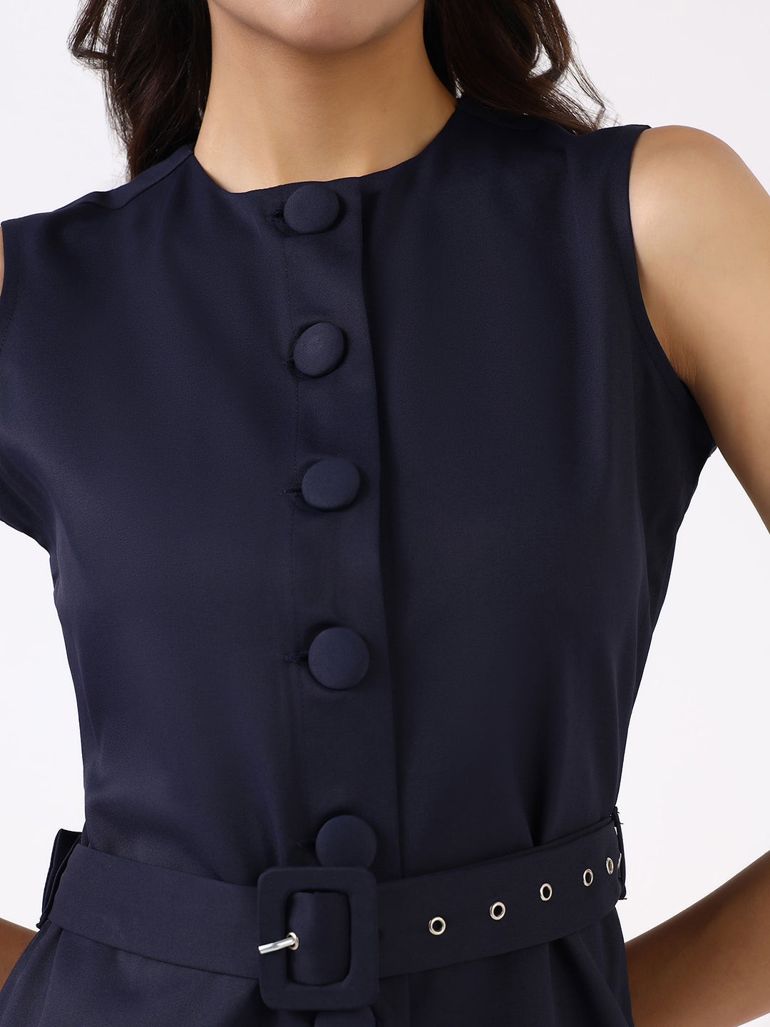 Women Navy Blue Poly Cotton Sleeveless Dress