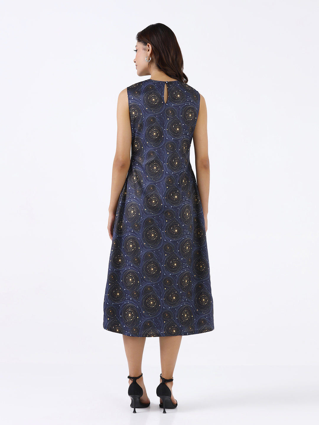 Women Navy Blue Printed A-Line Midi Dress