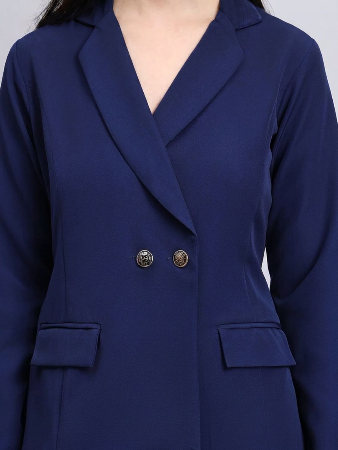Women Navy Blue Stretch Blazer Midi Dress