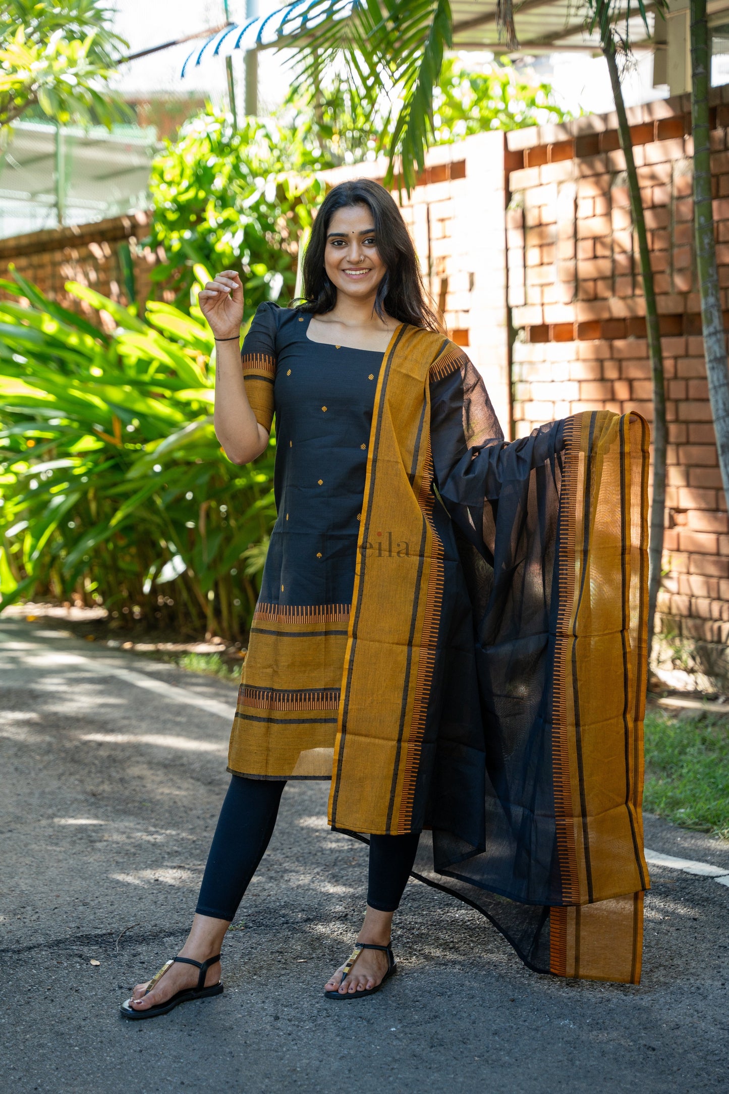 Studio Black With Mustard Pure Kanchi Cotton Top & Dupatta