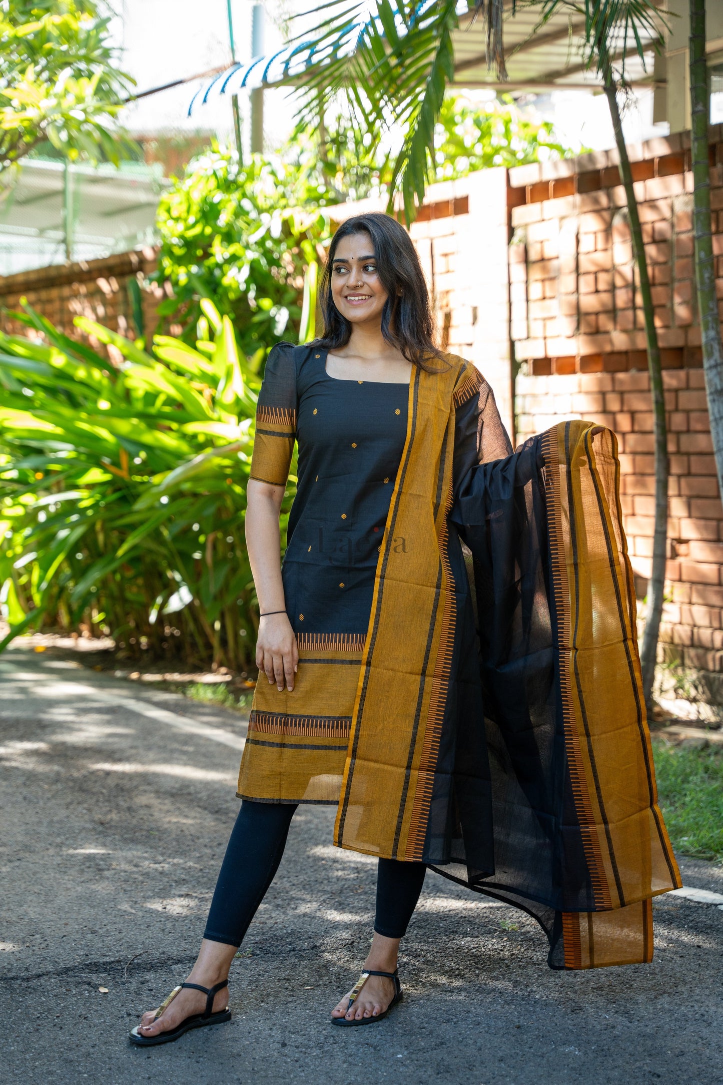 Studio Black With Mustard Pure Kanchi Cotton Top & Dupatta