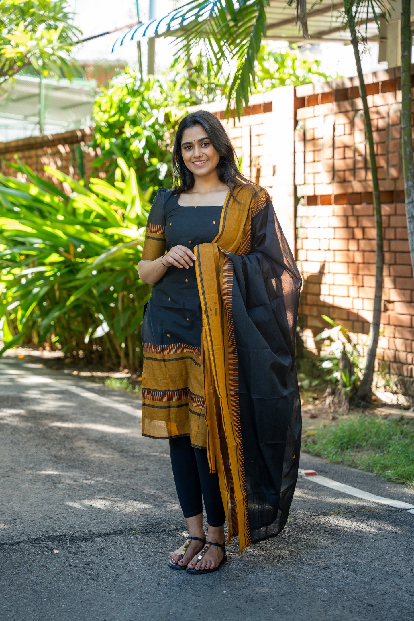 Studio Black With Mustard Pure Kanchi Cotton Top & Dupatta