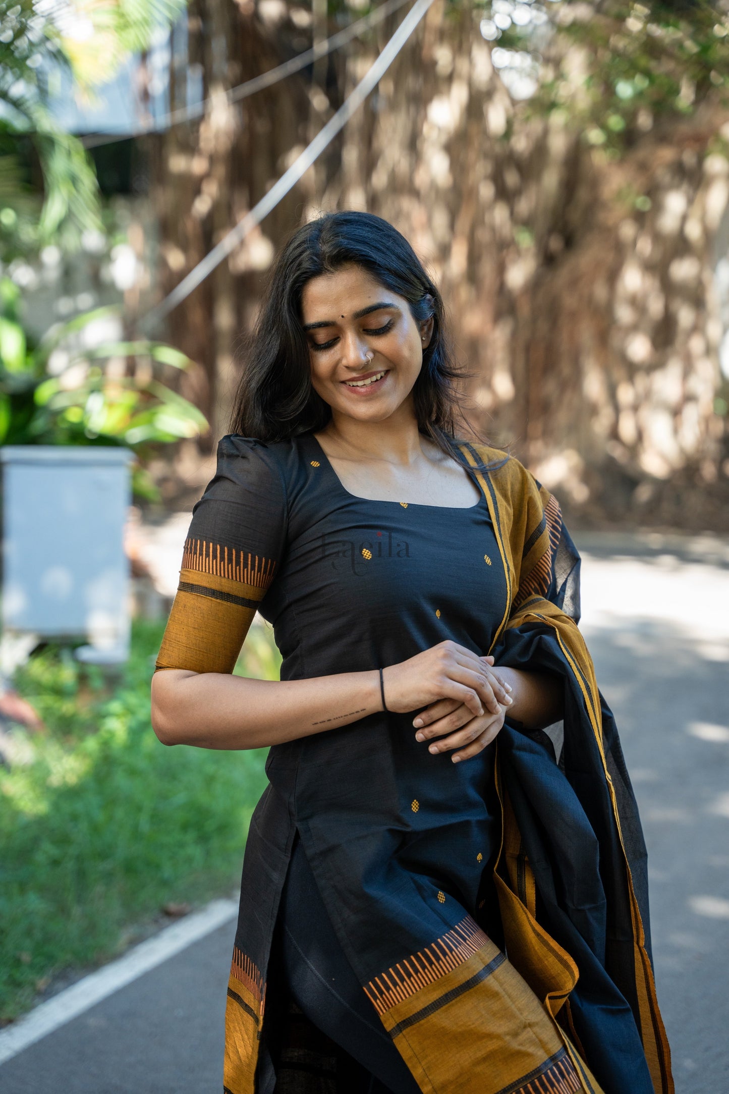 Studio Black With Mustard Pure Kanchi Cotton Top & Dupatta