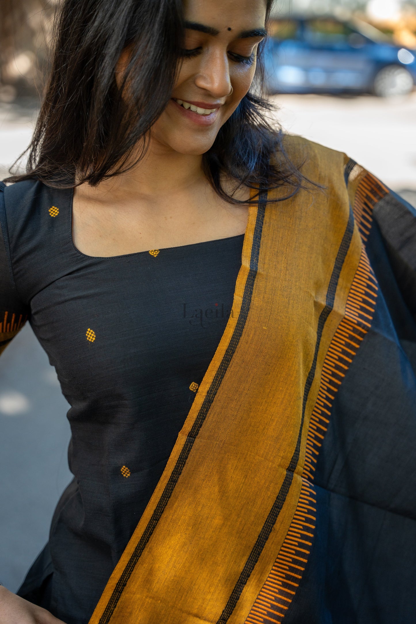 Studio Black With Mustard Pure Kanchi Cotton Top & Dupatta