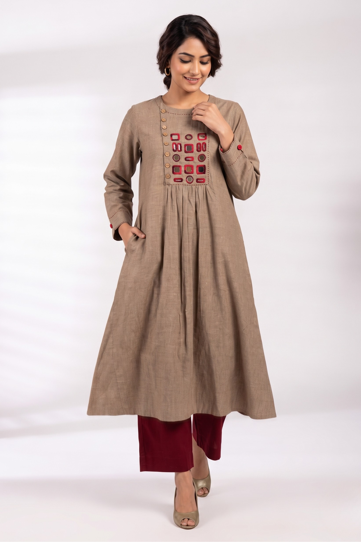 Desert Beige Loom South Cotton Zen Yoke Gather Kurta Mc