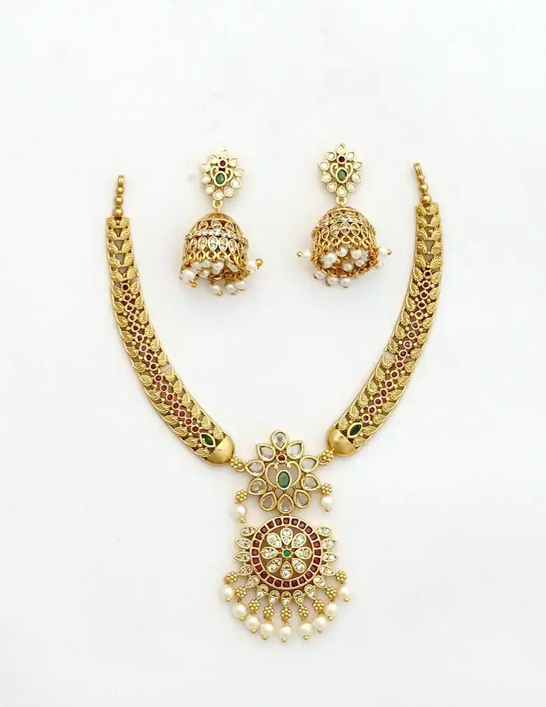 18K Gold-Tone Kundan Necklace Set with Multicolor Stones and Pearl Drops