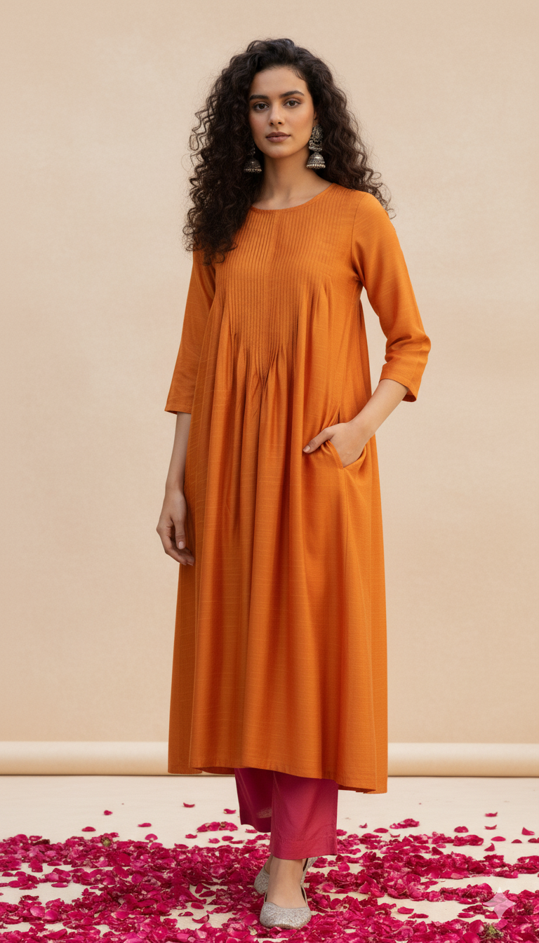 Maati Craft Gulabi Marigold Mist Cotton Silk Slub Luxe Kurta With Pintuck