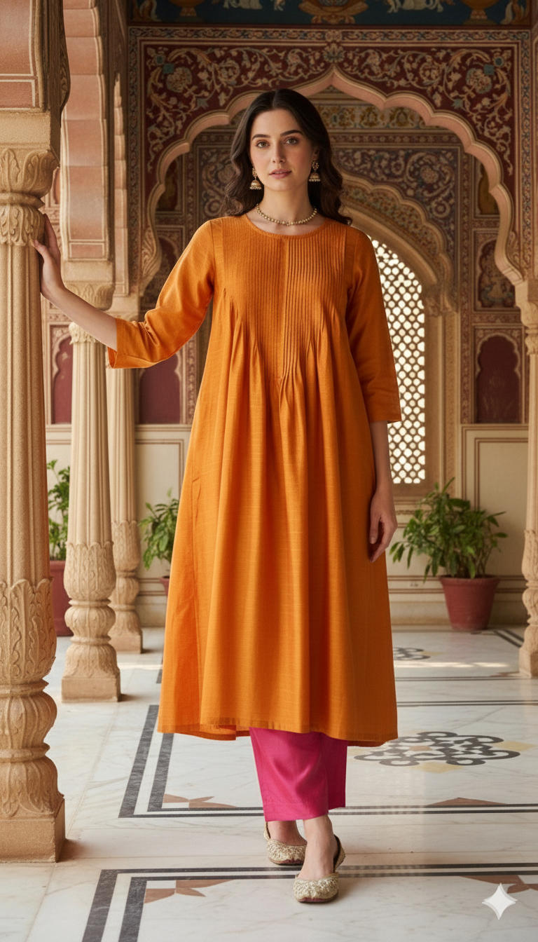 Maati Craft Gulabi Marigold Mist Cotton Silk Slub Luxe Kurta With Pintuck