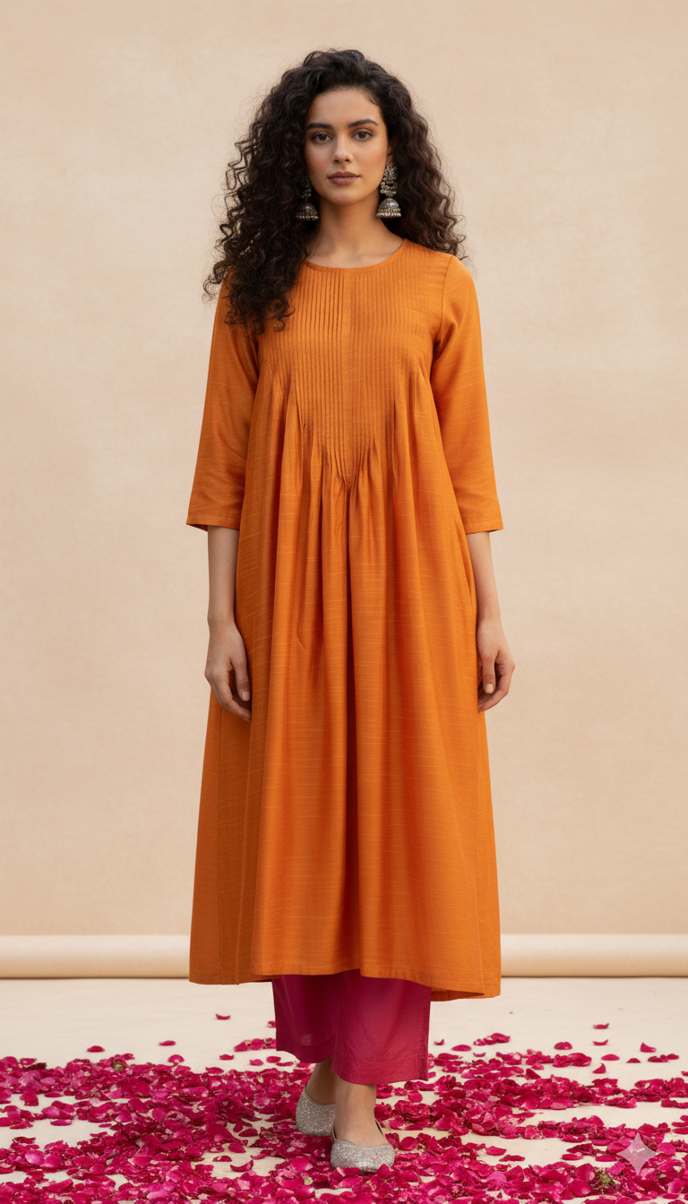 Maati Craft Gulabi Marigold Mist Cotton Silk Slub Luxe Kurta With Pintuck