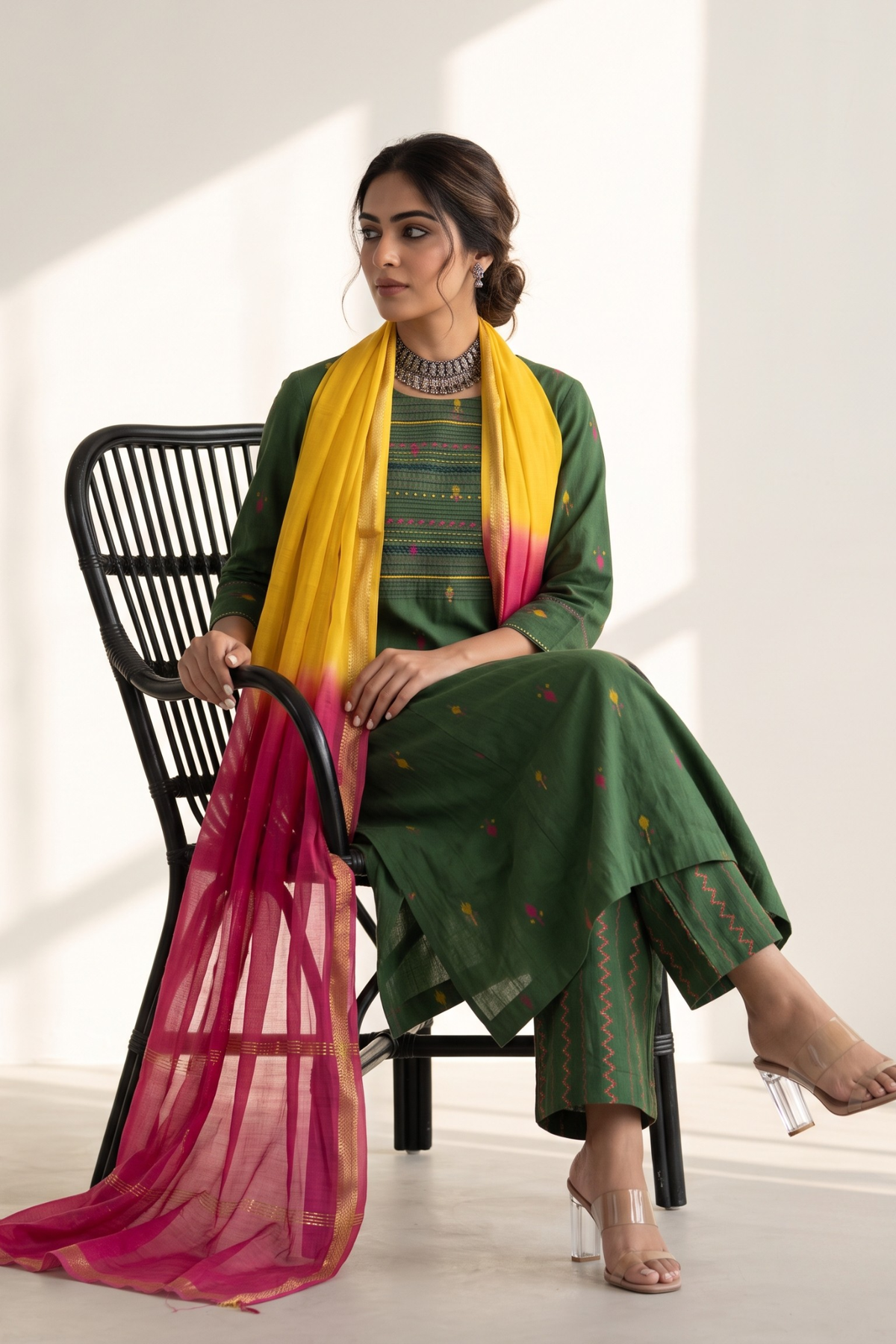 Green Blush Floral Leaf Butti Cotton Pintuck Yoke Kurta With Pockets Mc