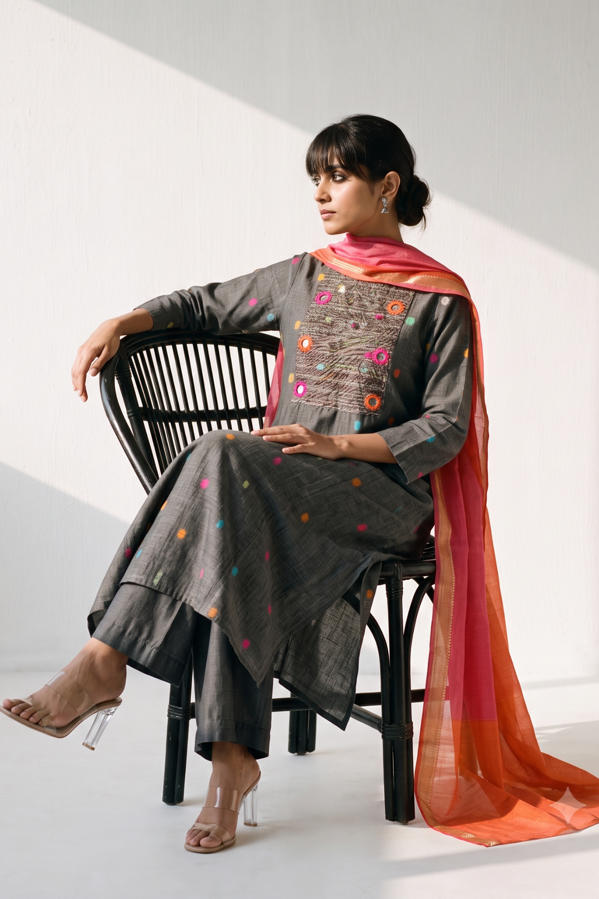 Grey Misty Multi Polka Cotton Pintuck Yoke Kurta With Pockets Mc