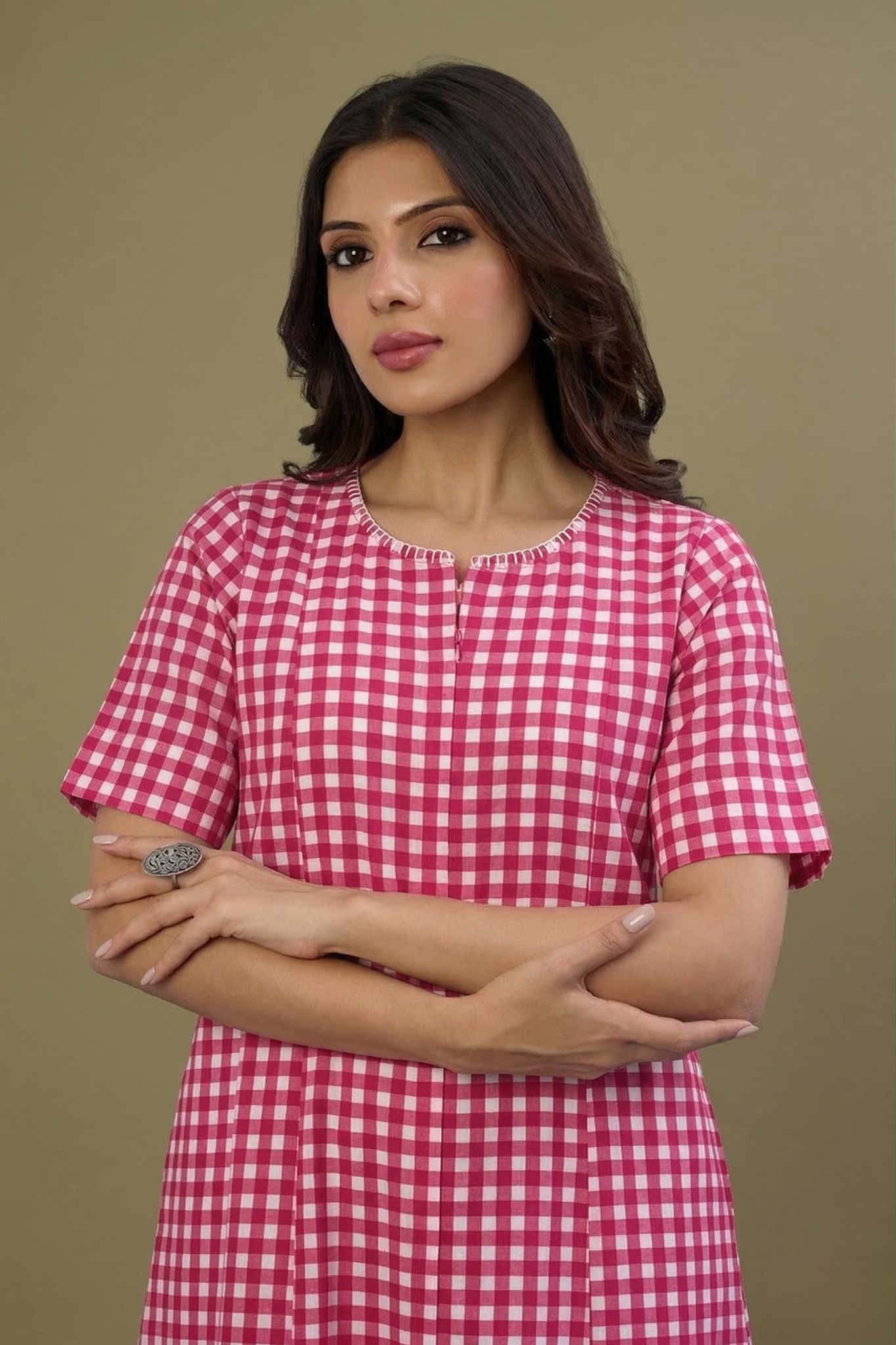 Hot_Pink_Grid_Front_Zipper_Cotton_Jumpsuit_with_Pockets__Sleeves